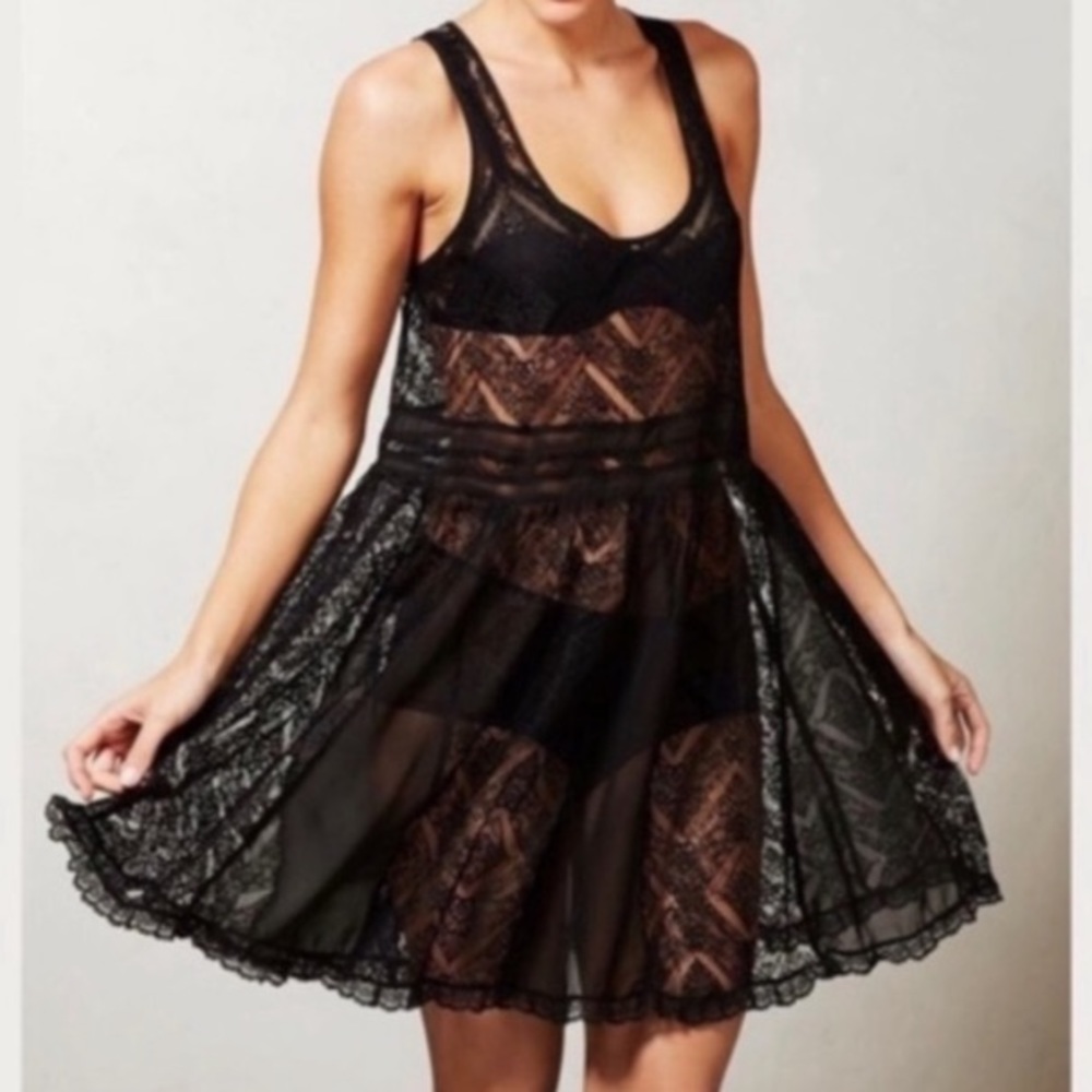 Anthropologie E by Eloise Black Lace Dress Unlined Overlay Slip XS